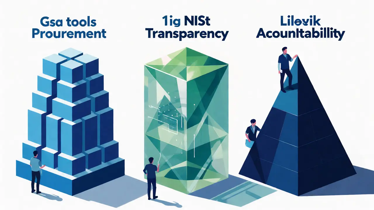 Three geometric pillars representing AI procurement, transparency, and accountability
