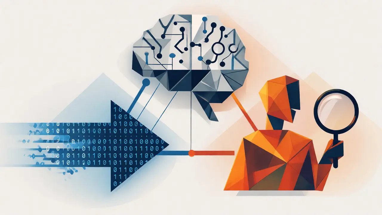 Triad of geometric shapes representing automated metrics, AI judging, and human review.