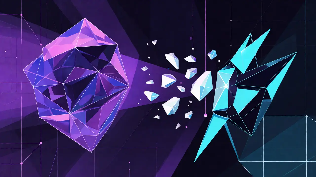Two geometric AI entities interacting, representing AI monitoring and governing other models.